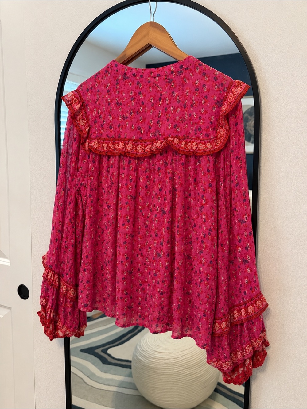 Free People Floral Raspberry Pink Ruffle-Trim Button Blouse - Picture 3 of 4